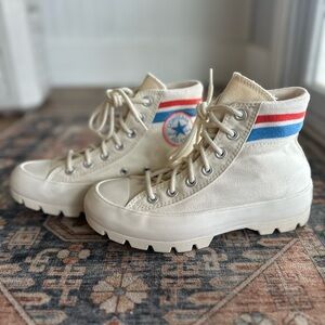 Converse High-Top Canvas Sneakers in Cream with Red & Blue Stripes Retro Size 6